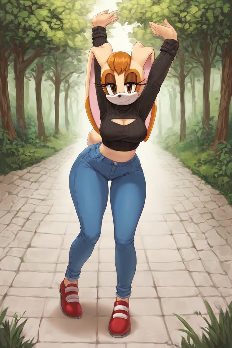 score_9, score_8_up, score_7_up, score_6_up, score_5_up, score_4_up, (Source sonic), (rating safe), vanilla the rabbit, 1girl, solo, outside, wearing blue jeans,  black sweater, shirt cutout, large breasts, brown eyes, looking at viewer, standing, outside, trees, fall weather,  , wide hips, rabbit girl, short hair, body fur, dynamic pose, anime style,flashing belly,cammystretch, stretching,leaning forward,arms up