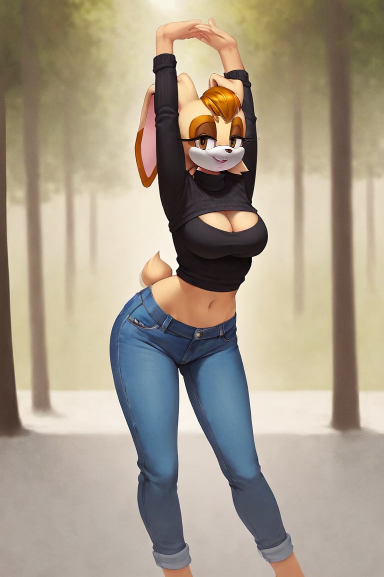 score_9, score_8_up, score_7_up, score_6_up, score_5_up, score_4_up, (Source sonic), (rating safe), vanilla the rabbit, 1girl, solo, outside, wearing blue jeans,  black sweater, shirt cutout, large breasts, brown eyes, looking at viewer, standing, outside, trees, fall weather,  , wide hips, rabbit girl, short hair, body fur, dynamic pose, anime style,flashing belly,cammystretch, stretching,leaning forward,arms up,stomach_punch