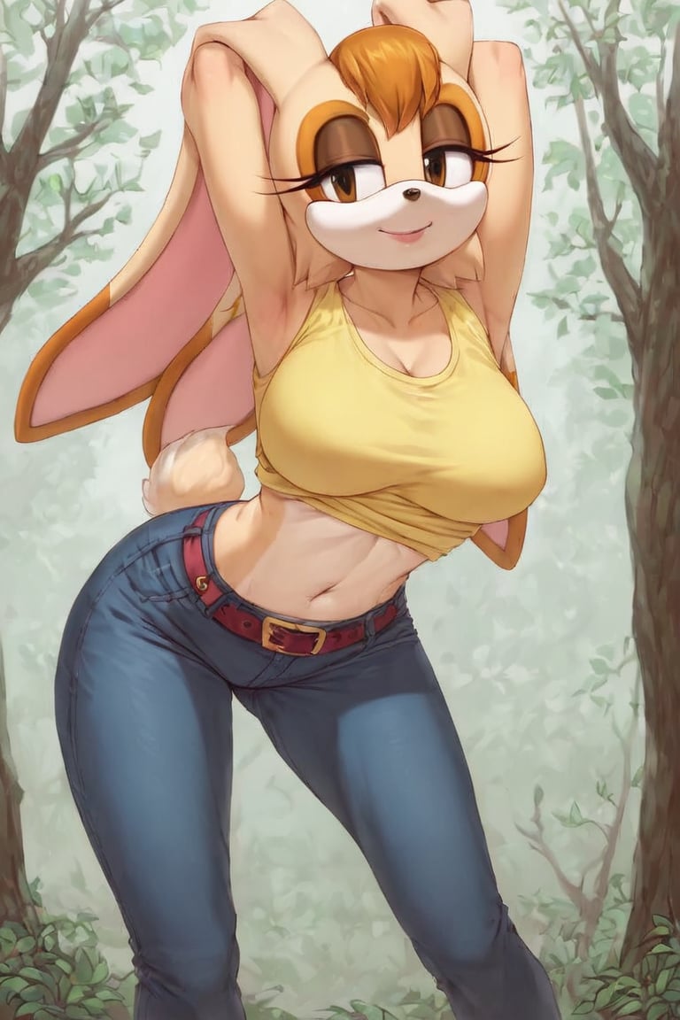 score_9, score_8_up, score_7_up, score_6_up, score_5_up, score_4_up, (Source sonic), (rating safe), vanilla the rabbit, 1girl, solo, outside, wearing black jeans, yellow shirt, jacket, large breasts, brown eyes, looking at viewer, standing, outside, trees, fall weather,  , wide hips, rabbit girl, short hair, body fur, hands on hips, anime style,flashing belly,cammystretch, stretching,leaning forward,arms up,stomach_punch,skirt,belt