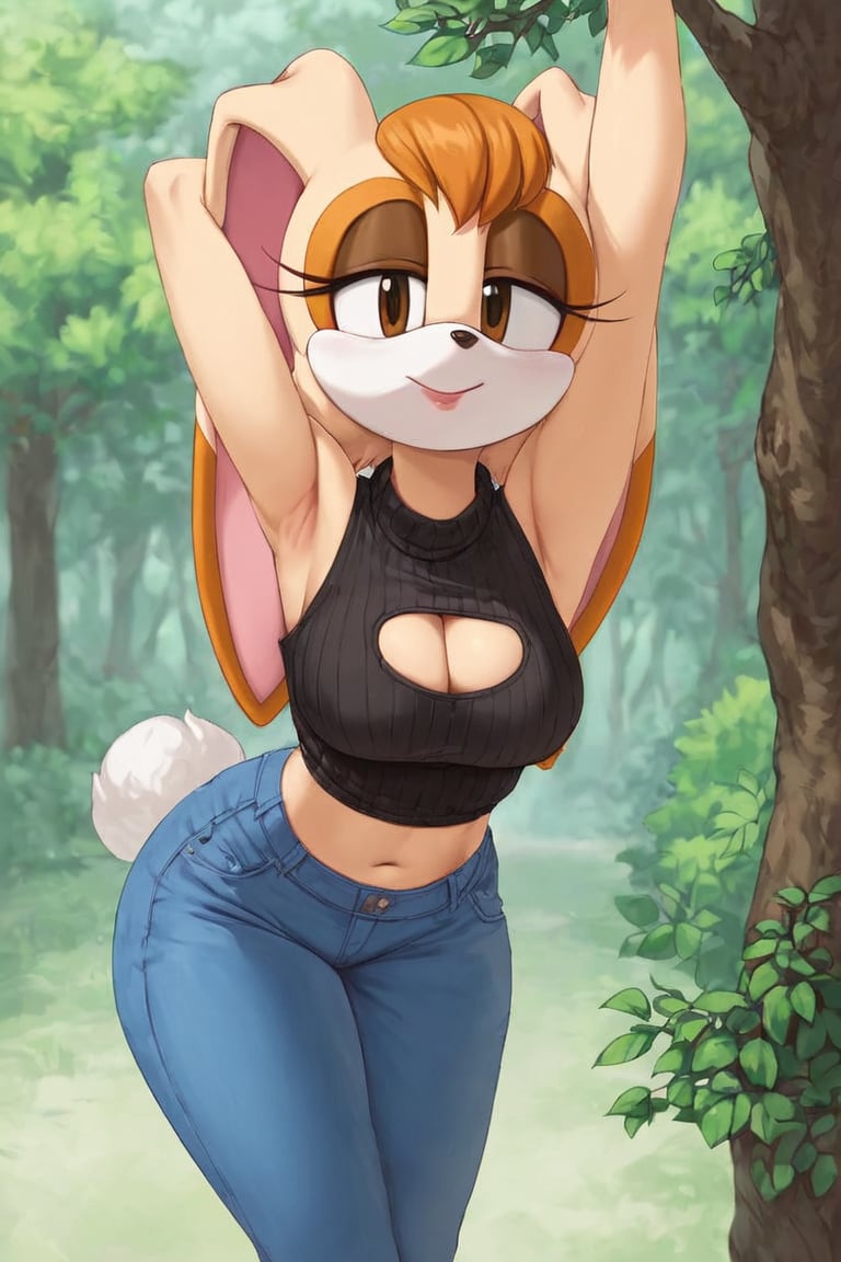 score_9, score_8_up, score_7_up, score_6_up, score_5_up, score_4_up, (Source sonic), (rating safe), vanilla the rabbit, 1girl, solo, outside, wearing blue jeans,  black sweater, shirt cutout, large breasts, brown eyes, looking at viewer, standing, outside, trees, fall weather,  , wide hips, rabbit girl, short hair, body fur, dynamic pose, anime style,flashing belly,cammystretch, stretching,leaning forward,arms up