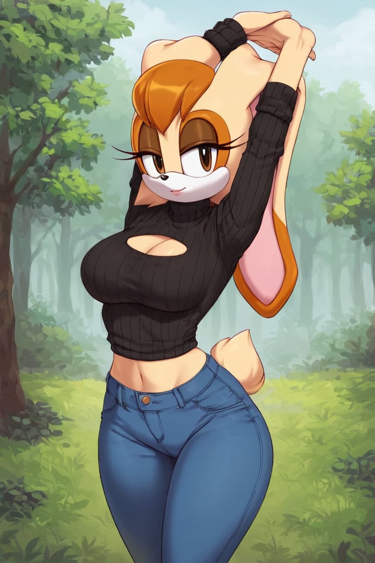 score_9, score_8_up, score_7_up, score_6_up, score_5_up, score_4_up, (Source sonic), (rating safe), vanilla the rabbit, 1girl, solo, outside, wearing blue jeans,  black sweater, shirt cutout, large breasts, brown eyes, looking at viewer, standing, outside, trees, fall weather,  , wide hips, rabbit girl, short hair, body fur, dynamic pose, anime style,flashing belly,cammystretch, stretching,leaning forward,arms up