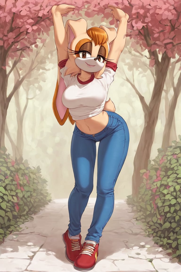 score_9, score_8_up, score_7_up, score_6_up, score_5_up, score_4_up, (Source sonic), (rating safe), vanilla the rabbit, 1girl, solo, outside, wearing blue jeans, white shirt, jacket, large breasts, brown eyes, looking at viewer, standing, outside, trees, fall weather,  , wide hips, rabbit girl, short hair, body fur, hands on hips, anime style,cammystretch, stretching,leaning forward,arms up,flashing belly,stomach_punch