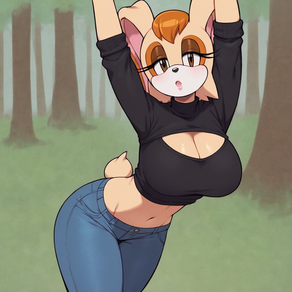 score_9, score_8_up, score_7_up, score_6_up, score_5_up, score_4_up, (Source sonic), (rating safe), vanilla the rabbit, 1girl, solo, outside, wearing blue jeans,  black sweater, shirt cutout, large breasts, brown eyes, looking at viewer, standing, outside, trees, fall weather,  , wide hips, rabbit girl, short hair, body fur, dynamic pose, anime style,flashing belly,cammystretch, stretching,leaning forward,arms up