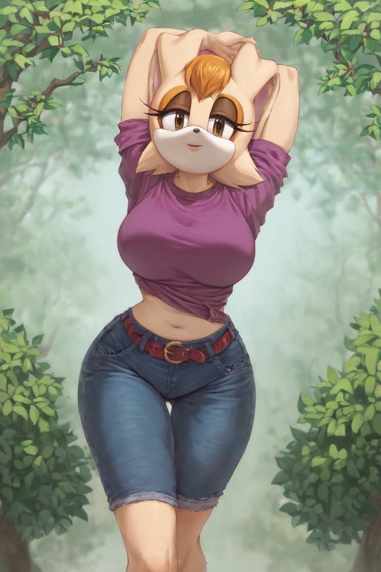 score_9, score_8_up, score_7_up, score_6_up, score_5_up, score_4_up, (Source sonic), (rating safe), vanilla the rabbit, 1girl, solo, outside, wearing black jeans, violet shirt, jacket, large breasts, brown eyes, looking at viewer, standing, outside, trees, fall weather,  , wide hips, rabbit girl, short hair, body fur, hands on hips, anime style,flashing belly,cammystretch, stretching,leaning forward,arms up,stomach_punch,skirt,belt