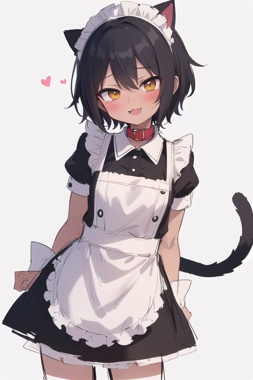 1girl, (blush:1.3),smile,cute,(small breast) ,(sketch_lines:1.4),white_background,Tomboy,:),black hair,maid_outfit, very_short_hair,cute_fang,(naughty_face:1.4),:3,:D,standing_up,(dark_skin_female:1.7),cat_girl,red_cat_collar