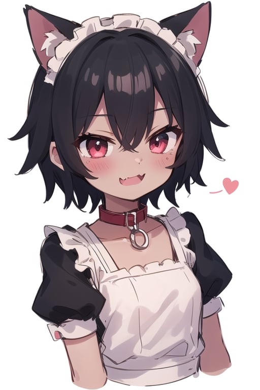 1girl, (blush:1.3),smile,cute,(small breast) ,(sketch_lines:1.4),white_background,Tomboy,:),black hair,maid_outfit, very_short_hair,cute_fang,(naughty_face:1.4),:3,:D,standing_up,(dark_skin_female:1.7),cat_girl,red_cat_collar,sfw,full_body