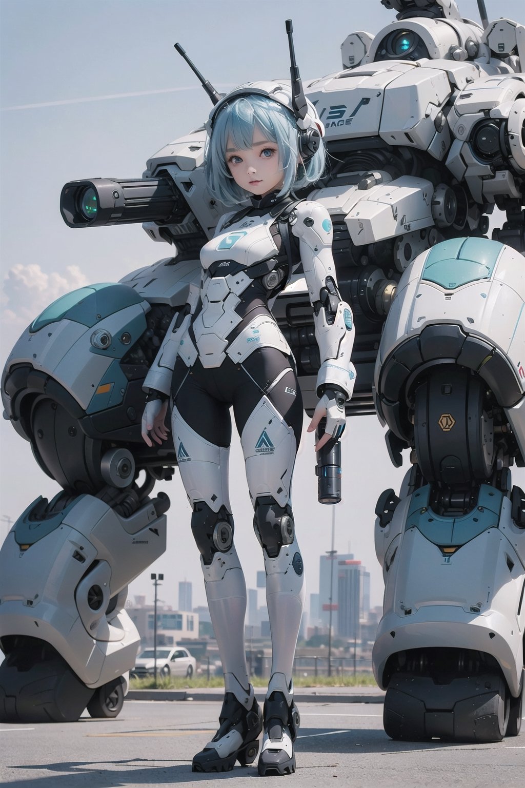 ((10-12yo)),(masterpiece), science fiction, scenery,  1girl, short hair, bangs, aqua hair color, light blue eyes, mecha headgear, sci-fi bodysuits,((Mecha girl:0.8)),(Mecha equipment),(150mm caliber sniper rifle)