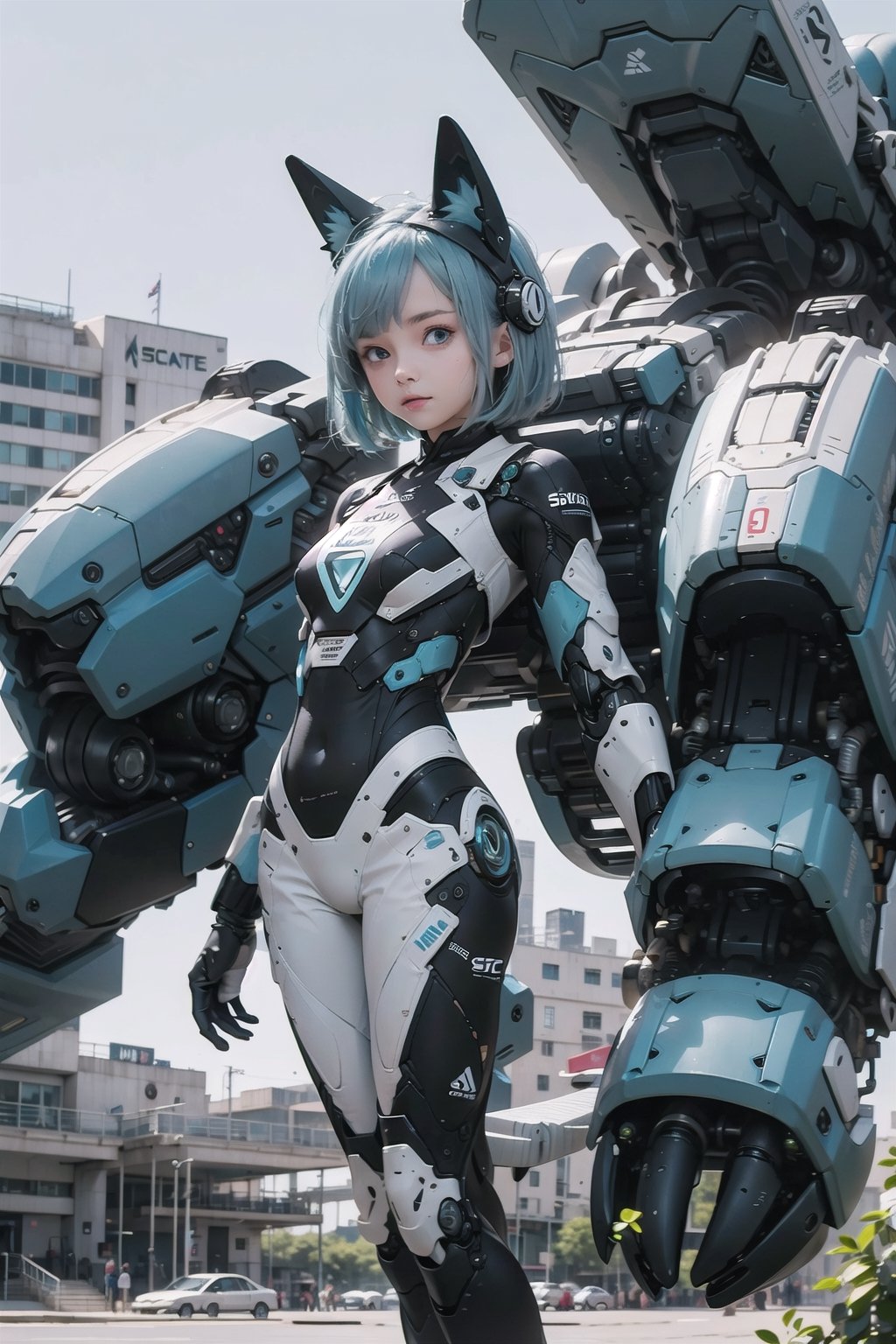 ((10-12yo)),(masterpiece), science fiction, scenery,  1girl, short hair, bangs, aqua hair color, light blue eyes, mecha headgear, sci-fi bodysuits,((Mecha girl:0.8)),(Mecha equipment)