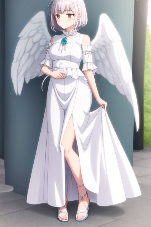 long white dress with ruffled sleeves and a blue brooch and white sandals, angel wings