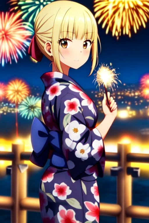  Japanese dress, night background, fireworks, yukata