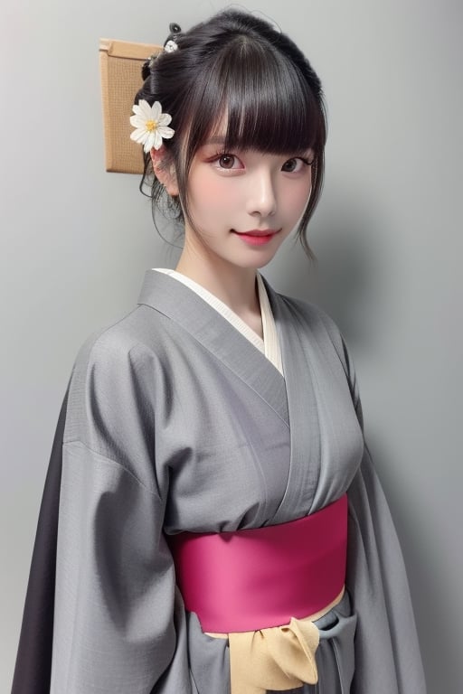 japanese clothes, hair flower, kimono, grey background, black eyes, lips, sash, realistic, 