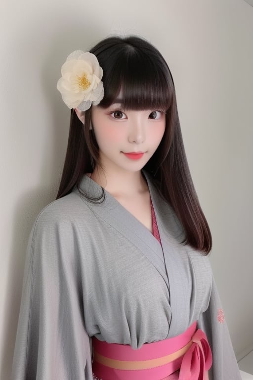 1girl, solo, long hair, looking at viewer, bangs, black hair, hair ornament, closed mouth, upper body, japanese clothes, hair flower, kimono, grey background, black eyes, lips, sash, realistic, 