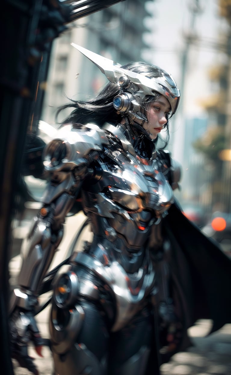 nudity, women, cgmech, (realistic)solo, white mecha robot, cape, science fiction, torn clothes, glowing, standing, robot joints, mecha, armor, cowboy shot, (floating cape), intense sunlight, silver dragonborn, outdoors, landscape, cyberpunk, ((masterpiece, best quality)),    , volumetrics dtx, (film grain, blurry background, blurry foreground, bokeh, depth of field, motion blur:1.3)