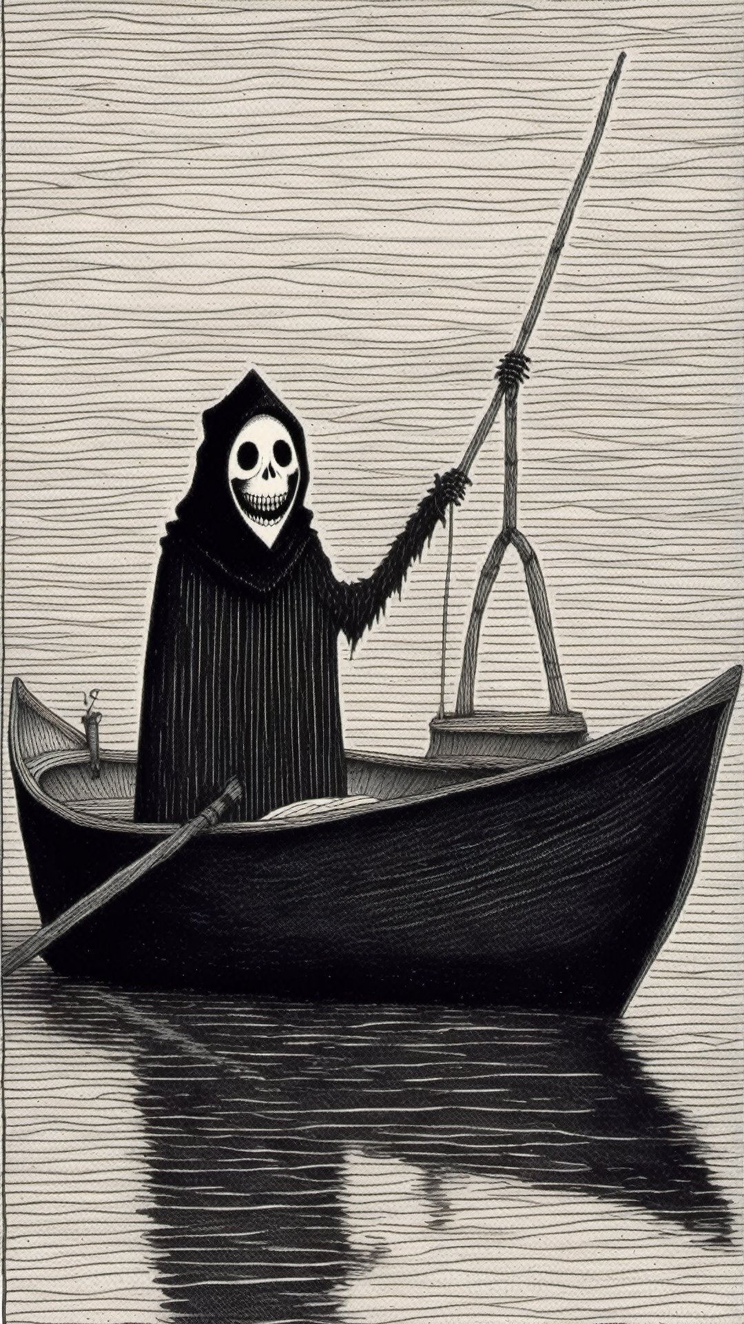 Edward Gorey Style - Edward Gorey Very creepy 8K Grim reaper fishing for hearts on a boat