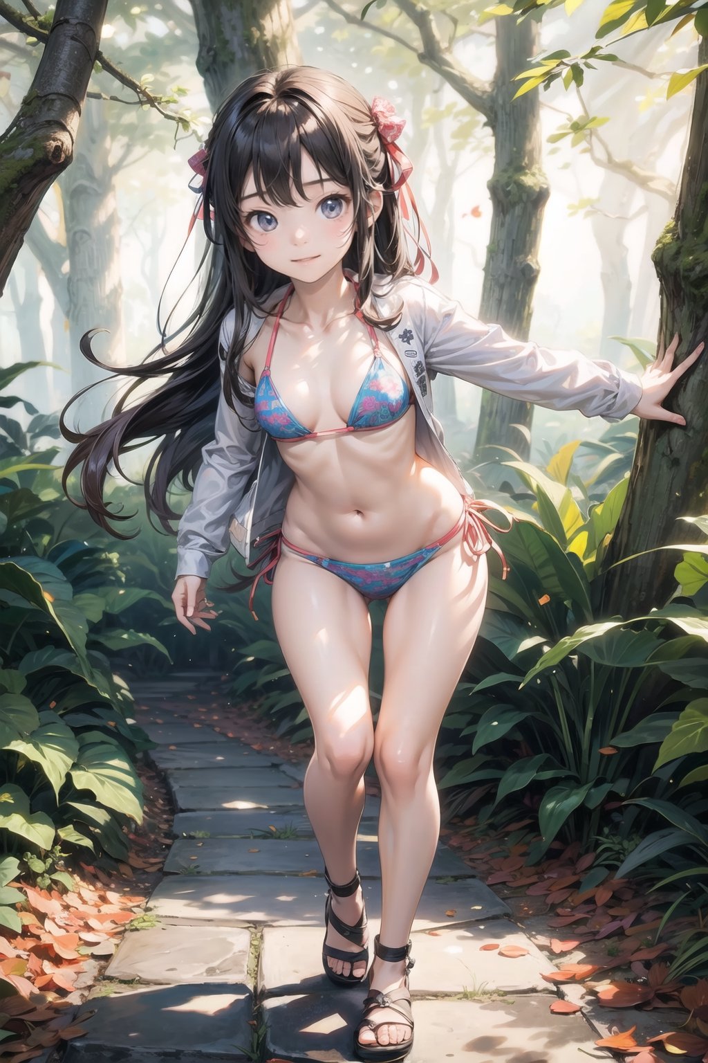 主: (foggy woods), ((Full body image)),
人：1litte 1kid 7yo gril (Child:1.2),
髮：(long hair),
服: (((bikini with beautiful pattern))),