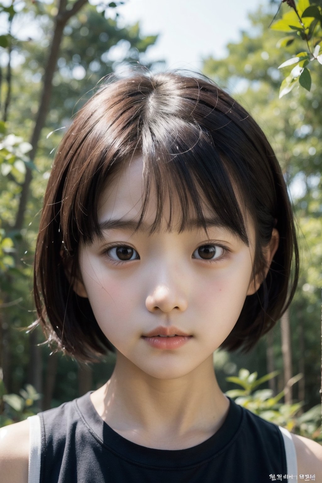 主：(((Deep in the woods))),(looking at the audience),(focus on face),(((Only the face enters the camera))), (Focus on the face),
人：(((a korean little girl:1.3))),Pure and restrained little girl,(((little girl of elementary school age))),(low cut),(childish breasts),
髮：(bangs),(((very short handsome short hair:1.4))),The length of short hair is above the ears,