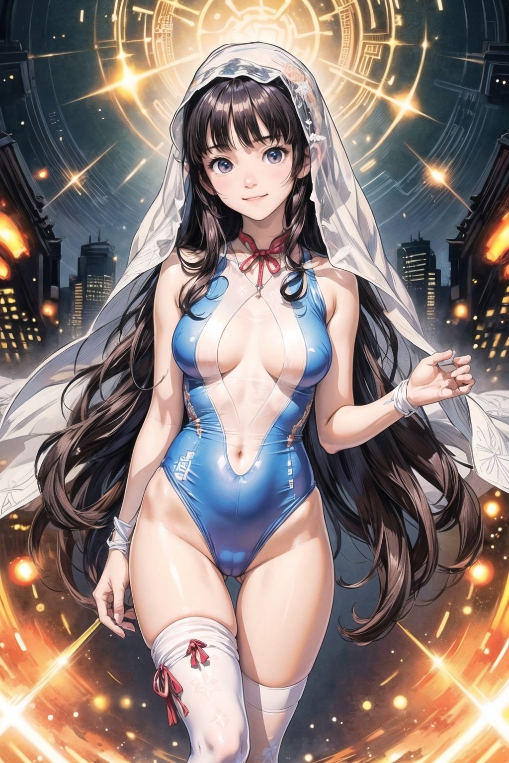 主：(((Thigh to upper body photo))), 
特：(((Colorful and magical doomsday city))), (masterpiece, highest quality, extreme detailed, best quality, official art, beautiful and aesthetic:1.2), (1girl), extreme detailed,(fractal art:1.3),colorful,highest detailed,High detailed,With a very high artistic composition style, 
髮：(((long hair))), 
服：((((Super transparent one-piece swimsuit made of white tulle))), (The white one-piece swimsuit has beautiful embroidery patterns on it),(((deep V low neckline))),(((compression stockings))),(((ribbon style transparent veil))),