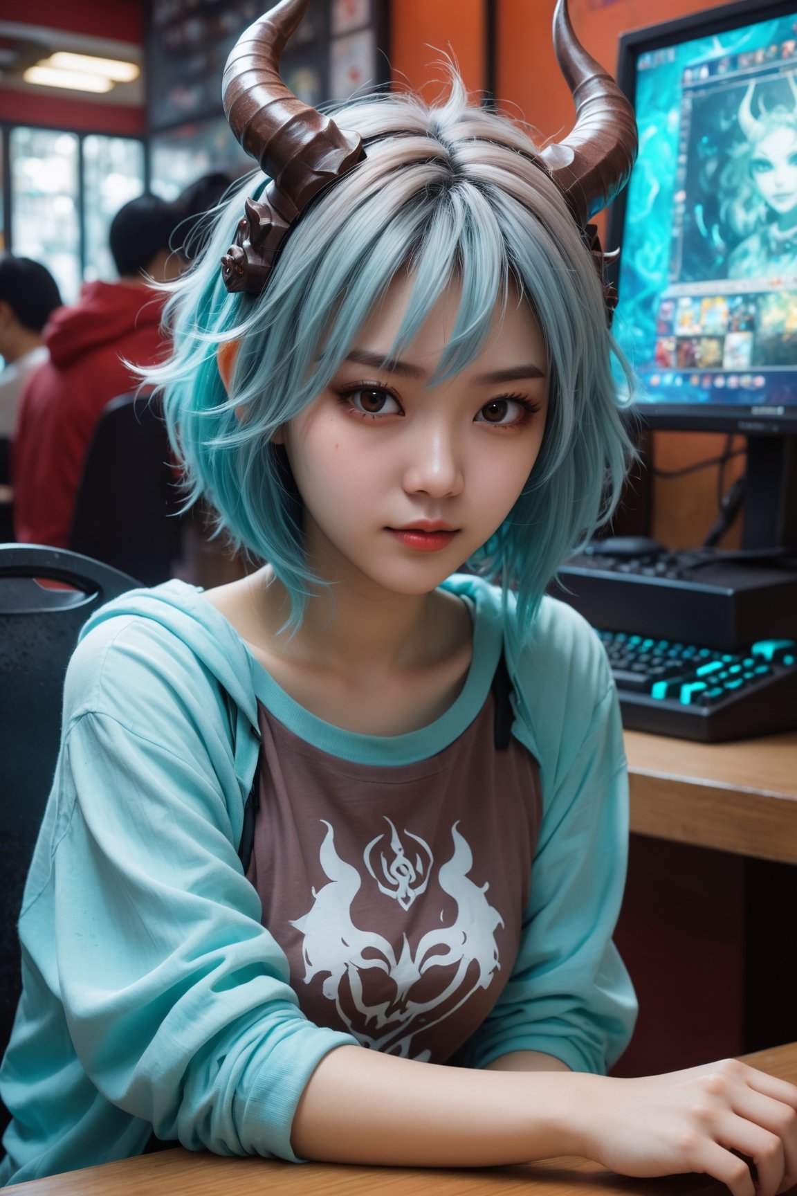 HONG KONG Girl ((September Ai)) with brown colour skin, AQUA short messy hair, 

a girl, demon, demongirl, horns, in Internet cafe, playing game, masterpiece, Smokey eyes make up, pale skin, oil paint style,huoshen
