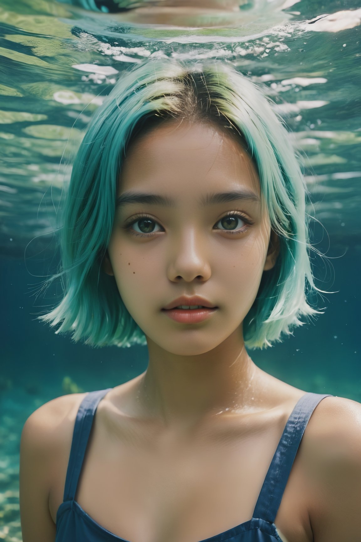 yellow and Aqua hair colour short hair young indonesian schoolgirl, tanned skin, 
best quality, 1girl, young indonesian schoolgirl, front view, looking at viewer, underwater, photorealistic, ultra realistic, realistic eyes, sea plants, freckled, cute, closed mouth, holding breath, skinny, waves, swimming, waving hair,
depth of field, Superia 400, polaroid, film, portrait_futurism,aesthetic portrait,FilmGirl,
