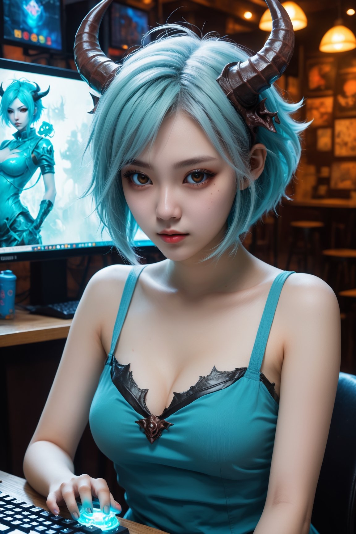 HONG KONG Girl ((September Ai)) with brown colour skin, AQUA short messy hair, 

a girl, demon, demongirl, horns, in Internet cafe, playing game, masterpiece, Smokey eyes make up, pale skin, oil paint style,huoshen
