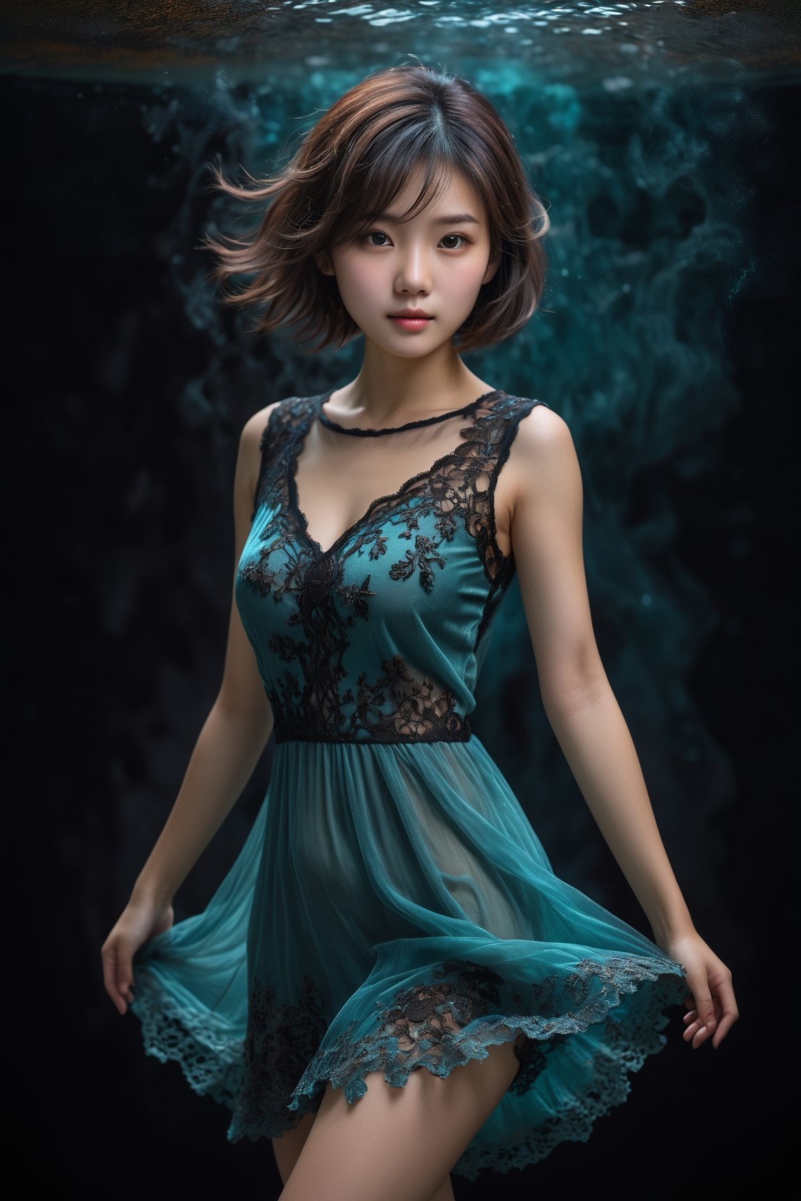 HONG KONG Girl ((September Ai)) with brown colour skin, AQUA short messy hair, 

(best quality, highres, masterpiece:1.2), ultra-detailed, realistic:1.37, HDR, velvet black lace dress, graceful floating, mesmerizingly ethereal, delicate movement, ethereal lighting, enchanting atmosphere, portrait, professional, vivid colors, soft focus, elegant beauty, dark background
