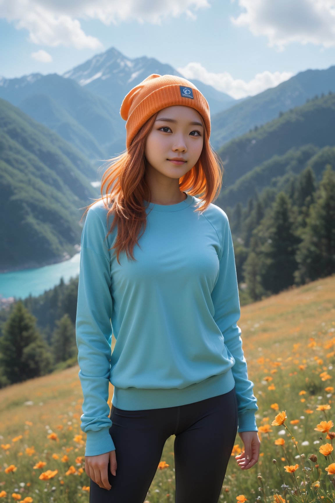HONG KONG Girl ((September Ai)) with brown colour skin, AQUA short messy hair, 

(4k), (masterpiece), (best quality),(extremely intricate), (realistic), (sharp focus), (cinematic lighting), (extremely detailed), A young adult girl with long sunbright orange hair. The girl has a look of pure contentment on her face. She is happy and relaxed, and she is enjoying her time. A meadow on a snow covered mountaintop overlooking a breathtaking valley. The sky is clear blue, and the air is fresh and crisp. The young woman is watching the clouds drift by. She feels at peace with the world, and she is grateful for the beauty that surrounds her. She is wearing a pair of yoga pants and a loose-fitting top, a pair of hiking boots and a beanie. ,flower4rmor ,cloud,neotech,blurry_light_background,DonM4lbum1n,DonMChr0m4t3rr4 ,Detailedface,Pixel art,photorealistic,ghibli style,girl,midjourney,hackedtech, scifi, orange hues,sunset_scenery_background, SILHOUETTE LIGHT PARTICLES,fantasy00d
