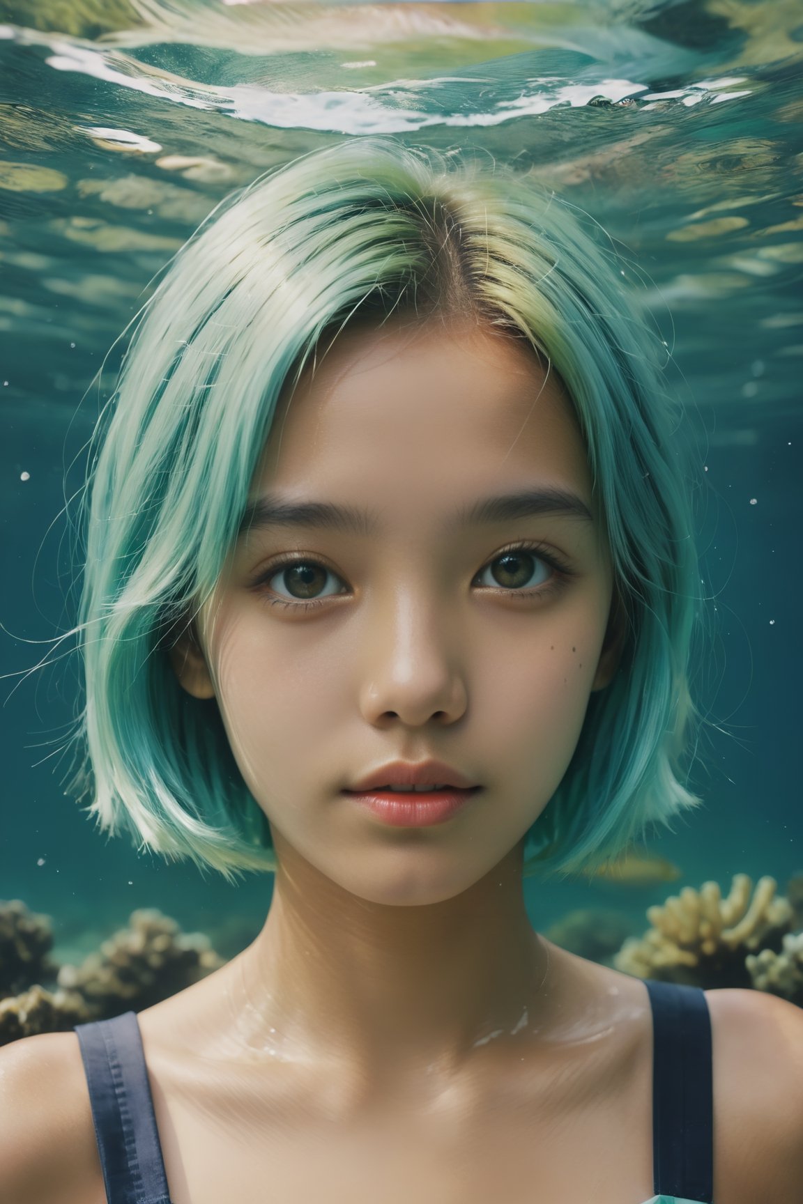 yellow and Aqua hair colour short hair young indonesian schoolgirl, tanned skin, 
best quality, 1girl, young indonesian schoolgirl, front view, looking at viewer, underwater, photorealistic, ultra realistic, realistic eyes, sea plants, freckled, cute, closed mouth, holding breath, skinny, waves, swimming, waving hair,
depth of field, Superia 400, polaroid, film, portrait_futurism,aesthetic portrait,FilmGirl,
