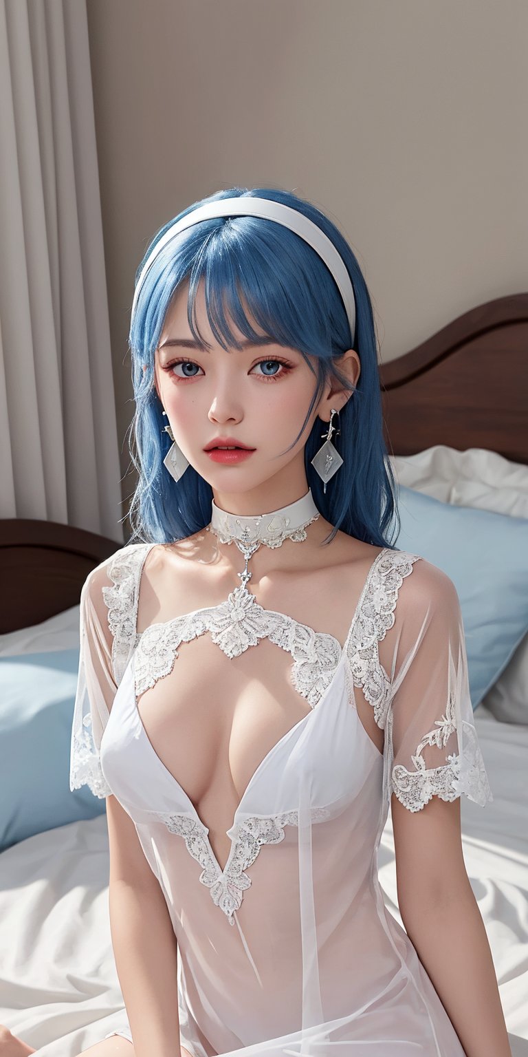 (Masterpiece, Best Quality, Photorealistic, High Resolution, 8K Raw), Looking At Viewer, Upper Body, Light, 1 Girl, Solo, Beautiful Young Girl, 18 Years Old, long Hair, (Blue Hair), (small Breasts), {chapayev_azurlane:1.15}, , hair ornament,  choker, dress, hairband, lace trimmed dress, official alternate costume, white choker, white hairband, lace trim, transparent see-through white dress, earrings, jewelry, see-through dress, nightgown, see-through, sitting in the bedroom 