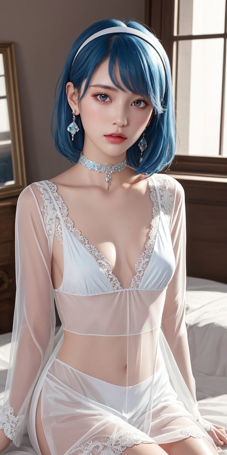 (Masterpiece, Best Quality, Photorealistic, High Resolution, 8K Raw), Looking At Viewer, Upper Body, Light, 1 Girl, Solo, Beautiful Young Girl, 18 Years Old, long Hair, (Blue Hair), (small Breasts), {chapayev_azurlane:1.15}, , hair ornament,  choker, dress, hairband, lace trimmed dress, official alternate costume, white choker, white hairband, lace trim, transparent see-through white dress, earrings, jewelry, see-through dress, nightgown, see-through, sitting in the bedroom 