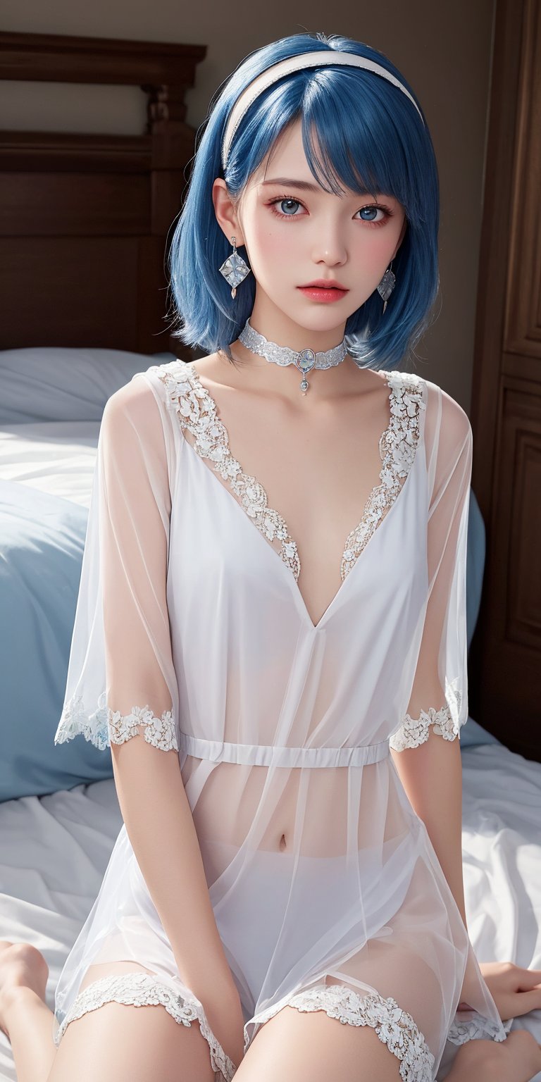 (Masterpiece, Best Quality, Photorealistic, High Resolution, 8K Raw), Looking At Viewer, Upper Body, Light, 1 Girl, Solo, Beautiful Young Girl, 18 Years Old, long Hair, (Blue Hair), (small Breasts), {chapayev_azurlane:1.15}, , hair ornament,  choker, dress, hairband, lace trimmed dress, official alternate costume, white choker, white hairband, lace trim, transparent see-through white dress, earrings, jewelry, see-through dress, nightgown, see-through, sitting in the bedroom 