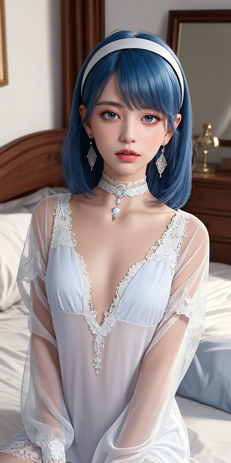 (Masterpiece, Best Quality, Photorealistic, High Resolution, 8K Raw), Looking At Viewer, Upper Body, Light, 1 Girl, Solo, Beautiful Young Girl, 18 Years Old, long Hair, (Blue Hair), (small Breasts), {chapayev_azurlane:1.15}, , hair ornament,  choker, dress, hairband, lace trimmed dress, official alternate costume, white choker, white hairband, lace trim, transparent see-through white dress, earrings, jewelry, see-through dress, nightgown, see-through, sitting in the bedroom 