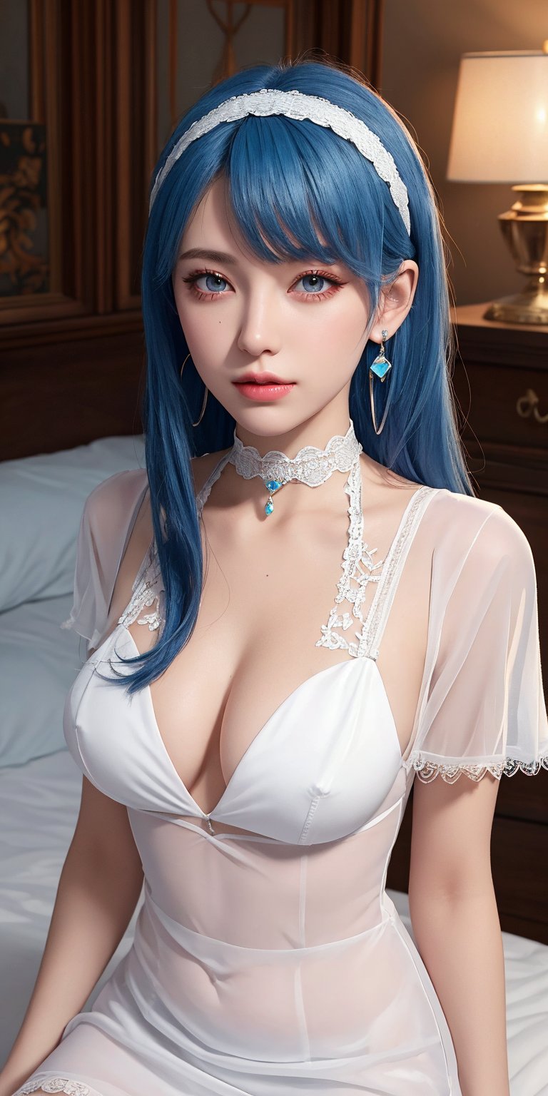 (Masterpiece, Best Quality, Photorealistic, High Resolution, 8K Raw), Looking At Viewer, Upper Body, Light, 1 Girl, Solo, Beautiful Young Girl, 18 Years Old, long Hair, (Blue Hair), (small Breasts), {chapayev_azurlane:1.15}, , hair ornament,  choker, dress, hairband, lace trimmed dress, official alternate costume, white choker, white hairband, lace trim, transparent see-through white dress, earrings, jewelry, see-through dress, nightgown, see-through, sitting in the bedroom 