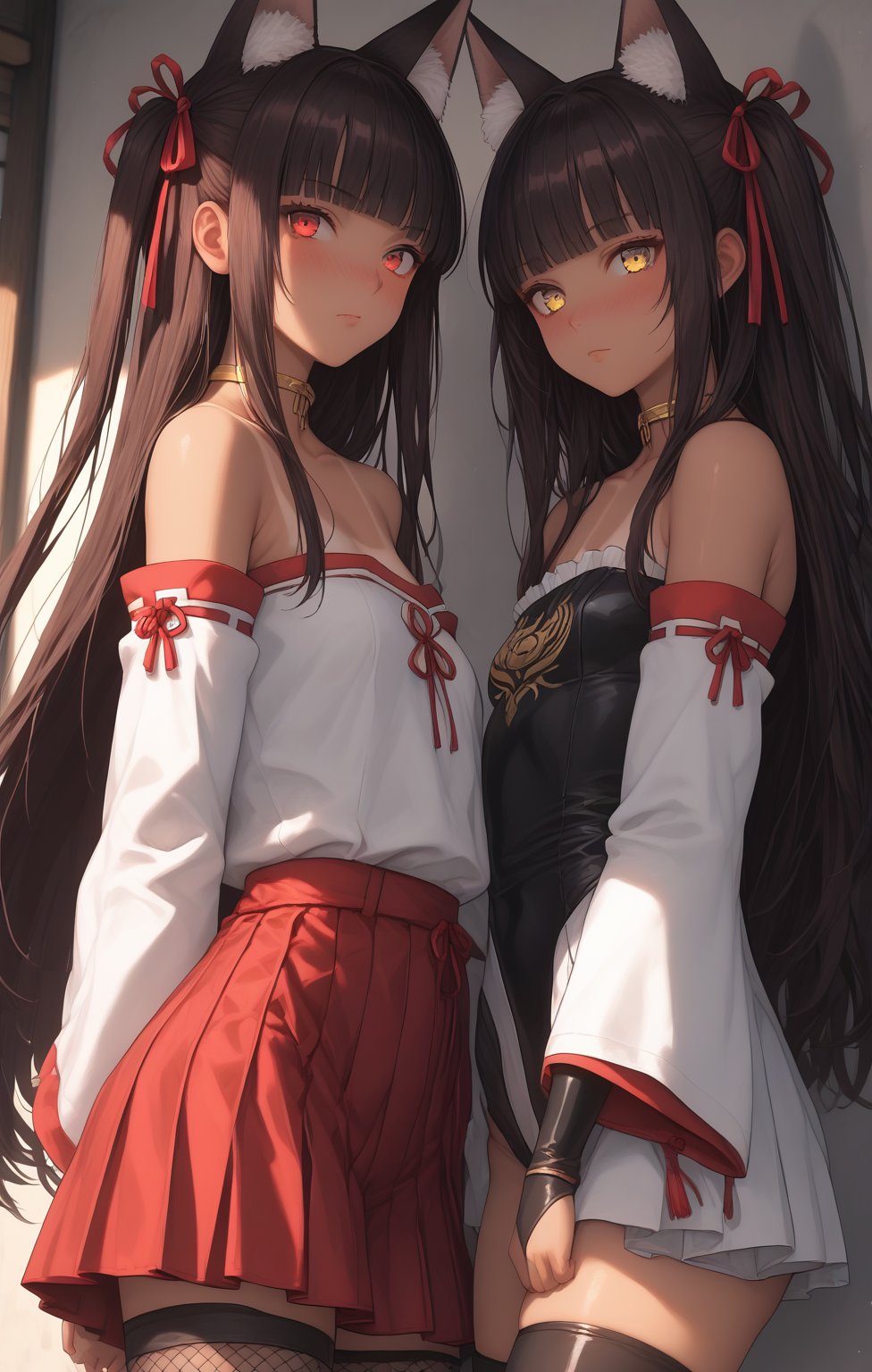 (2girls, defYuki, tan, brown hair, red eyes, two side up, long hair, hair ribbon, black leotard, bare shoulders, detached sleeves, frilled leotard, tanlines, fishnets, elbow gloves, black thighhighs:0.9),score_9, score_8_up, score_7_up, source_anime, best quality, uncensored,(shadow,lighting,sunshine,stereogra), BREAK (pink skin,nose blush,boxers,nagato, yellow eyes, black hair, very long hair, blunt bangs, sidelocks, fox ears, japanese clothes, wide sleeves, bare shoulders, hair ornament, golden choker, red hakama, mini skirt, pleated skirt, strapless dress, long sleeves:0.9),