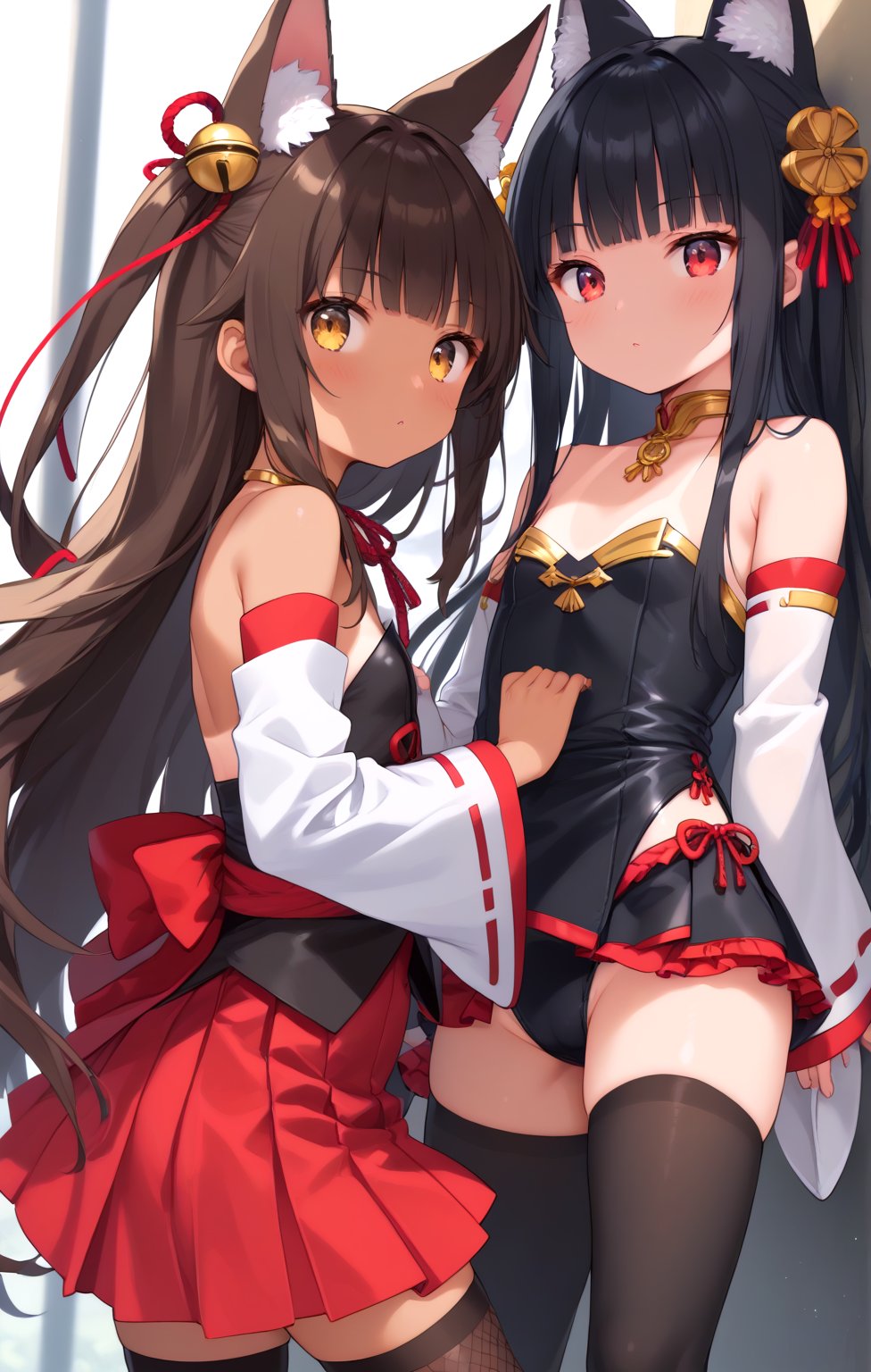 (2girls, defYuki, tan, brown hair, red eyes, two side up, long hair, hair ribbon, black leotard, bare shoulders, detached sleeves, frilled leotard, tanlines, fishnets, elbow gloves, black thighhighs:0.9),score_9, score_8_up, score_7_up, source_anime, best quality, uncensored,(shadow,lighting,sunshine,stereogra), BREAK (pink skin,nose blush,boxers,nagato, yellow eyes, black hair, very long hair, blunt bangs, sidelocks, fox ears, japanese clothes, wide sleeves, bare shoulders, hair ornament, golden choker, red hakama, mini skirt, pleated skirt, strapless dress, long sleeves:0.9),