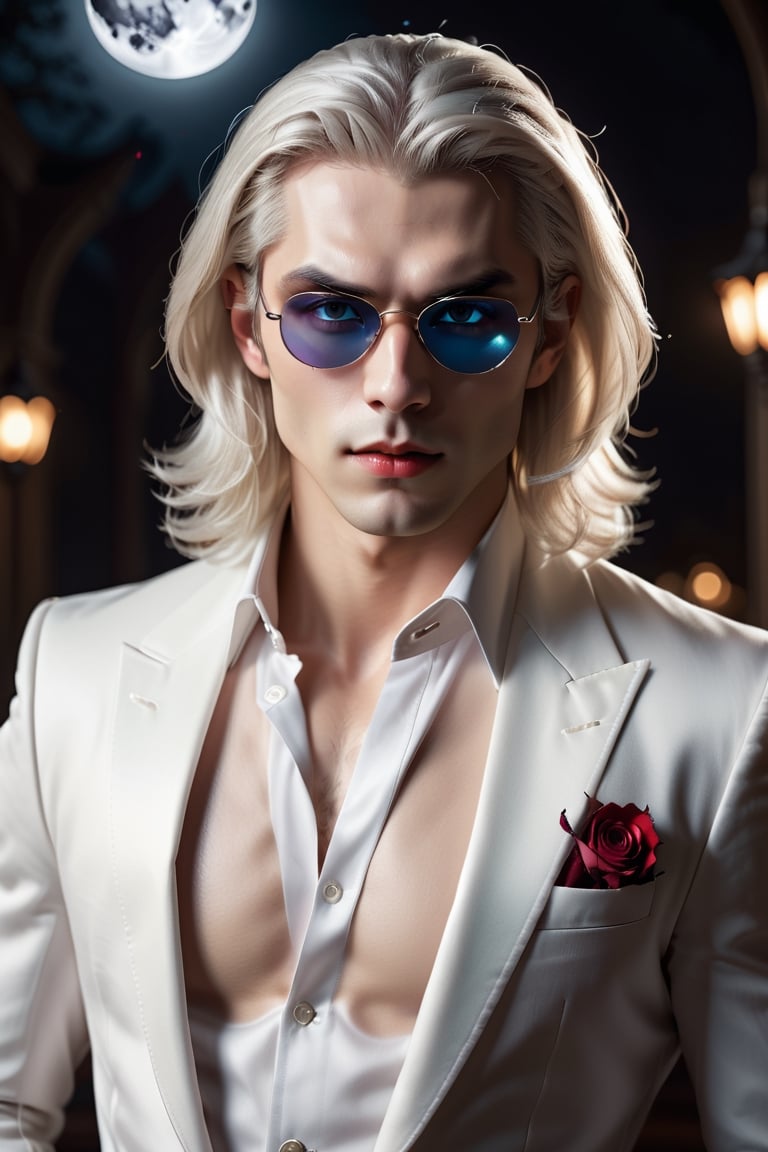 masterpiece, ultra detailed artistic photography of a beautiful vampire guy, 1guy, highest quality, (solo focus), (perfect detailed face:1.2), dramatic, 1guy, (pale skin), long white hair, white eyes, solo, long hair, moon, night, white luxury suit,wears sunglasses covered navel, vampire, covered, roses,wears sunglasses, detailed background, bats, cinematic lighting, eyes gleam with a seductive longing, sitting down, curvy guy, perfect anatomy, cinematic lighting, intricately detailed, elegant, volumetric lighting, glitter,by Diamond