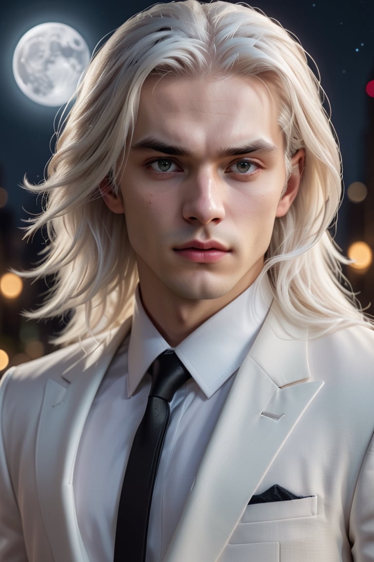 masterpiece, highest quality, (solo focus), (perfect face:1.1), (high detail:1.1),dramatic, 1guy, (pale skin), long white hair, white eyes, [light eyebrows], solo, long hair, moon, night, white luxury suit, covered navel, pouty lips, (beauty marks), gothic city, detailed background, cinematic lighting,by Diamond