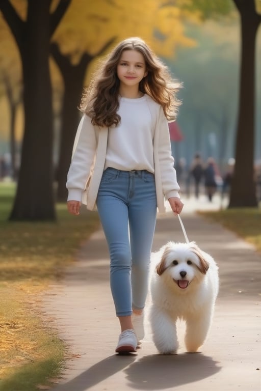 girl, wavy brown hair, walking with her white dog, in a park with children's games