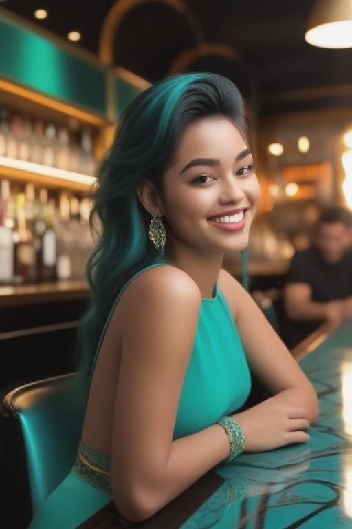 hermosa chica, tez clara, pelo largo negro de expresion delicada sonrisa suave, vestimenta blanca, verde aqua ornamentada y lujosa, ornamentos de oro gemas, sentada a la mesa de bar y cafe, escena de bar, luces interiores suaves