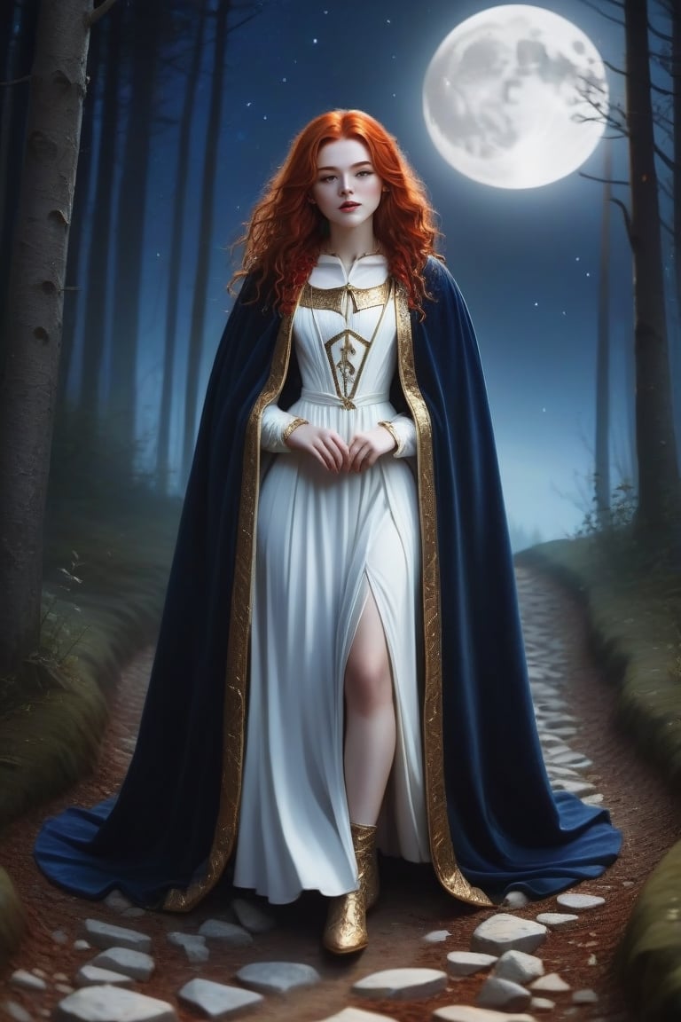 20-year-old girl, red-haired sorceress, white dress, dark blue velvet cape, with gold trim, on a path of stones and dirt, nearby forest, night light, clear sky with moon,h4l0w3n5l0w5tyl3M3rg34ll,IncrsXLRanni