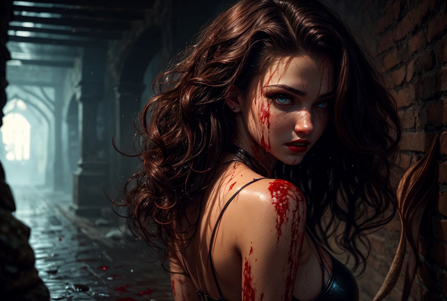 amoled ultra realistic hd photo of a female super hero, RAW,

extra long wavy brown hair, glowing, expressive face, female vampire fangs, red lips, bloody lips, blood wet, blood bath,

in a dungeon, medieval setting, rpg game scenery, tentacles, wet, raining, raining blood,

dynamic camera angle from above, from back,

(PnMakeEnh),

artwork by sweetroll