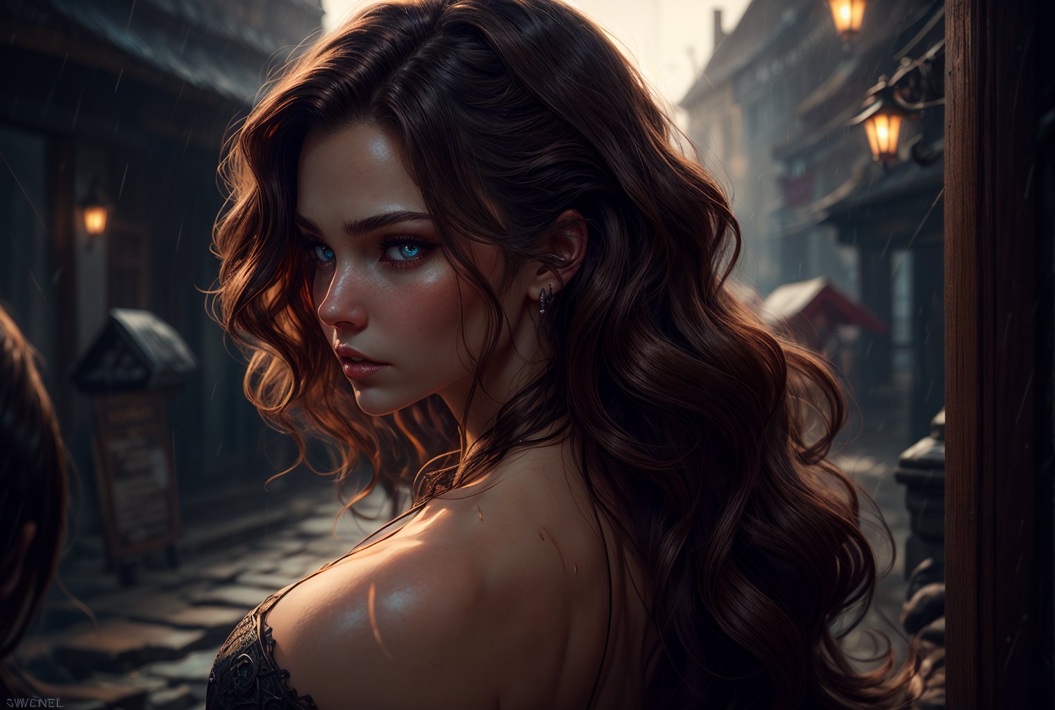 amoled ultra realistic hd photo of a female viking warrior, RAW,

extra long wavy brown hair cinematic light reflections, vampiric eyes, expressive face, tanned beige skin,

medieval background, dark, mysterious, tentacles, raining,

dynamic camera angle from above, from back,

(PnMakeEnh), Enhance,

artwork by sweetroll