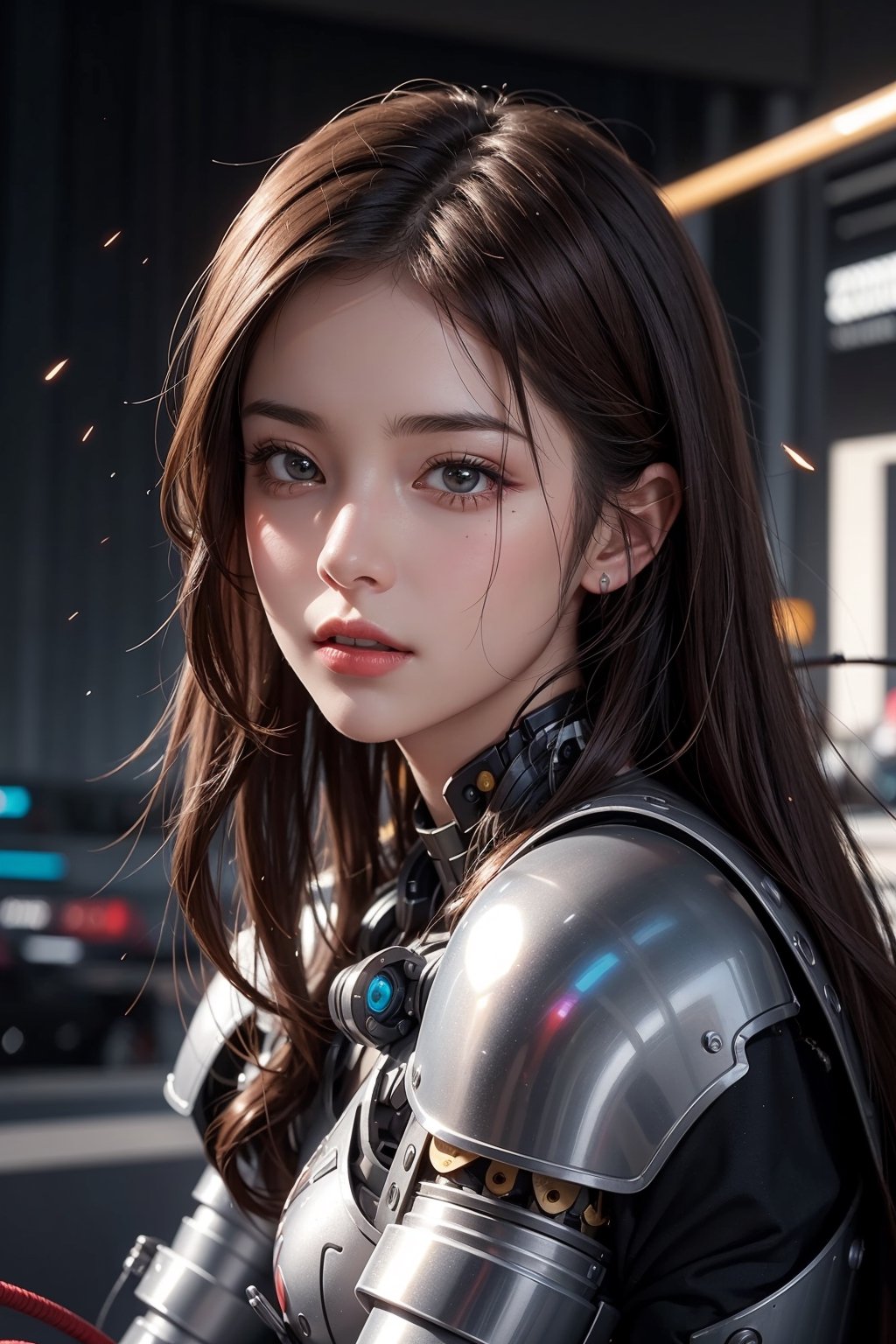 masterpiece, best quality, photorealistic, raw photo, sexy girl, beautiful girl, young girl, solo, Hyperrealistic, hyperdetailed, realistic face, high-resolution, realistic style, 8k , detailed hair, beautiful face, perfect face, detailed brown eyes, perfect skin,  long dark brown hair, transparent body shell, electric circuit board, lots of cables, futuristic robotic, transparent armor, mechanical body components, sittings, sitting