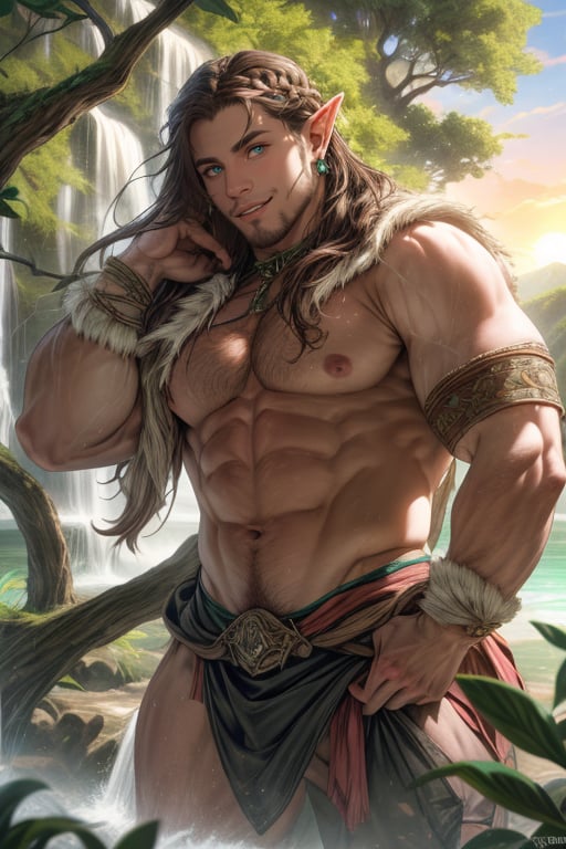 A majestic masterpiece unfolds: a half-naked hairy muscular macho man elf, imposing medieval fantasy manly wood elf man lounges beneath a tree near a serene lake, his body it's very hairy and muscular adorned by tribal fantastic tattoos. Beautiful afternoon lighting casts a warm glow on his remarkably sculpted physique, accentuating long light brown hair braided with feathers and silver jewelry. His piercing green eyes, surrounded by the lush woods, vibrant flowers, and a gentle waterfall. The sunset descent paints the sky with hues of orange and pink, casting a romantic ambiance. Silver earrings adorn his pointed ears, while war paint adorns his chiseled face. Medieval fantasy attire drapes his lean body in a tantalizing manner, inviting the viewer to step into this idyllic scene, where will-o'-the-wisps with magic flames dance playfully behind the trees and flowers along with butterflies creating a magical effect on the background