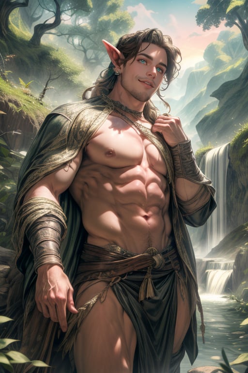 A majestic masterpiece unfolds: a half-naked, imposing wood elf man lounges beneath a tree near a serene lake. Beautiful afternoon lighting casts a warm glow on his remarkably sculpted physique, accentuating long light brown hair braided with feathers and silver jewelry. His piercing green eyes, surrounded by the lush woods, vibrant flowers, and a gentle waterfall. The sun's descent paints the sky with hues of orange and pink, casting a romantic ambiance. Silver earrings adorn his pointed ears, while war paint adorns his chiseled face. Medieval fantasy attire drapes his lean body in a tantalizing manner, inviting the viewer to step into this idyllic scene, where will-o'-the-wisps dance playfully behind the trees