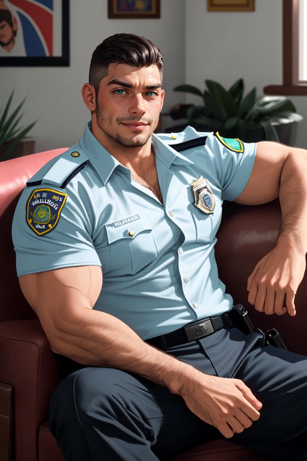 Portrait of Chilean man, he is from Chile, he is in his 30's, he is very handsome, he is very hairy, he is very viril, he is very sexy, he is very muscular, he is very manly, he is bulky, he is a police, he is wearing a police outfit in a sexy way, his shirt is open showing his hairy big muscle chest, he have a sexy pose while he is sitting in a sofa, small discret male bulge, he have military haircut, his hair it's dark brown, he is happy to see you, he have green dark eyes, he is shaved no facial hair, he is sitting in a Chilean house living room and is afternoon