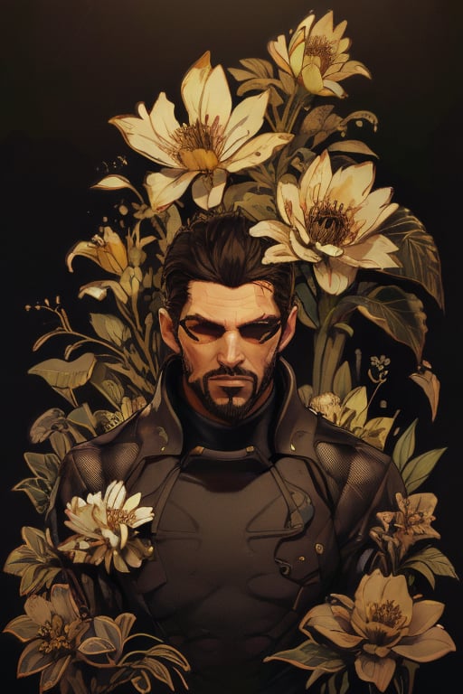 Adam Jensen enveloped in a thick wall of flowers. Upper body portrait. Black or dark background. Looking away from camera. Slightly colder pallete, colder filter.

Masterpiece, photorealistic, golden eyes, jensenDX,

overlooking, documentary,

Zhostovo painting