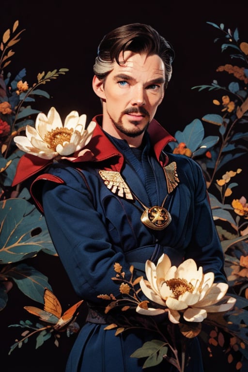 Dr. Stephen Strange enveloped in a thick wall of flowers. Upper body portrait. Dark red background.

Masterpiece, photorealistic, green-blue eyes,
stephen_strange