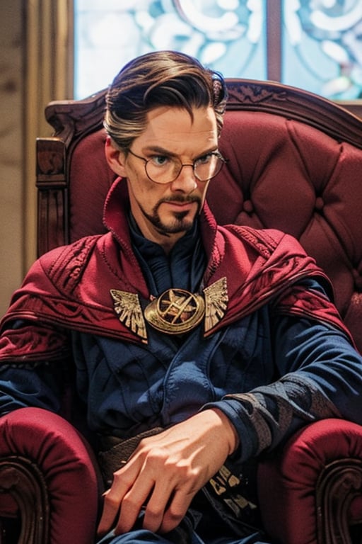 A solemn, bespectacled Dr. Stephen Strange sits comfortably in a plush, velvet armchair, adorned with intricate carvings and ornate upholstery. Soft, golden light casts a warm glow on his contemplative face, as he leans forward slightly, his hands clasped together in thought. A rich, crimson-colored drapery hangs majestically behind him, while the muted tones of the room's furnishings evoke the era's opulence.

Simple Background, Upper Body, Masterpiece, photorealistic, green-blue eyes,
stephen_strange