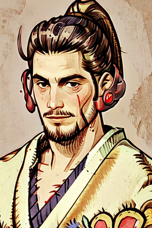 Highly detailed, High Quality, Masterpiece, beautiful, sole_male, 1boy, solo, male_focus, manly, Jetstream Sam, facial hair, stubble on the face, vertical scar on face, european face, brazilian face, high ponytail, FFIXBG, fully covered ears, BlackworkStyleManityro, golden kimono, golden haori, traditional background, portrait, thoughtful look, light smile