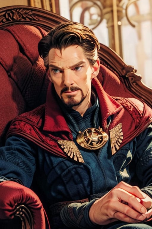 A solemn, bespectacled Dr. Stephen Strange sits comfortably in a plush, velvet armchair, adorned with intricate carvings and ornate upholstery. Soft, golden light casts a warm glow on his contemplative face, as he leans forward slightly, his hands clasped together in thought. A rich, crimson-colored drapery hangs majestically behind him, while the muted tones of the room's furnishings evoke the era's opulence.

Simple Background, Upper Body, Masterpiece, photorealistic, green-blue eyes,
stephen_strange